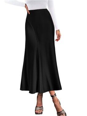 Silky Satin High Waisted Maxi Skirt with Mermaid Hem A-Line Casual Formal Work